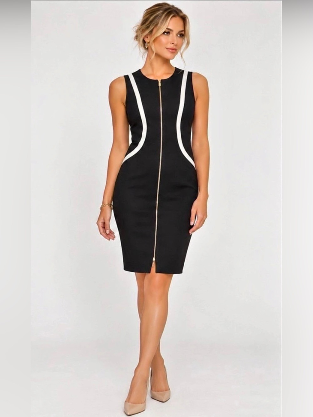 Calvin Klein Colorblocked Zip-Front Sheath Dress Mini Dress Black & White Size 2